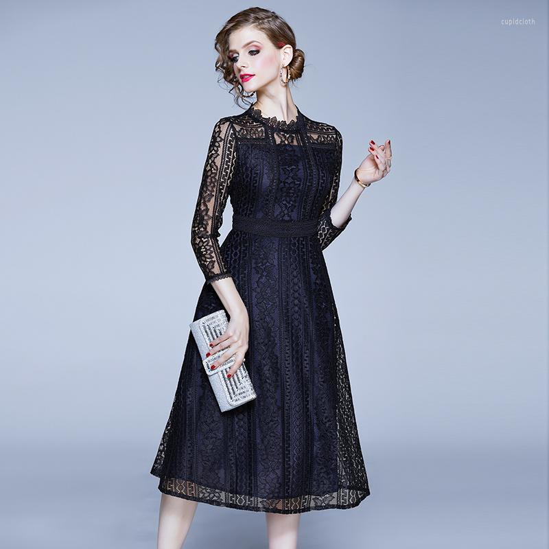 

Casual Dresses Spring Autumn Women' Lace Dress 2022 Elegant Slim Fashion O-neck Vintage Office Lady Loose Sleeve Party VestidosCasual, 8327