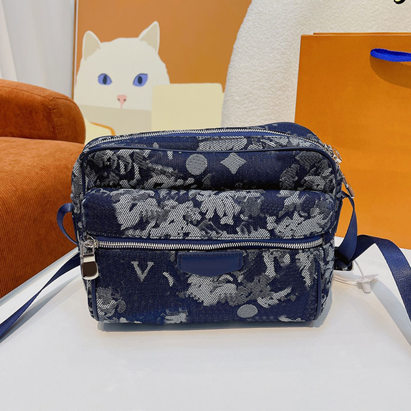 

Canvas Crossbody Bag Shoulder Messenge Bags Floral Handbag Purse Genuine Leather Adjustable Strap Classical Letter Print Zipper Hardware Men Wallet, Blue