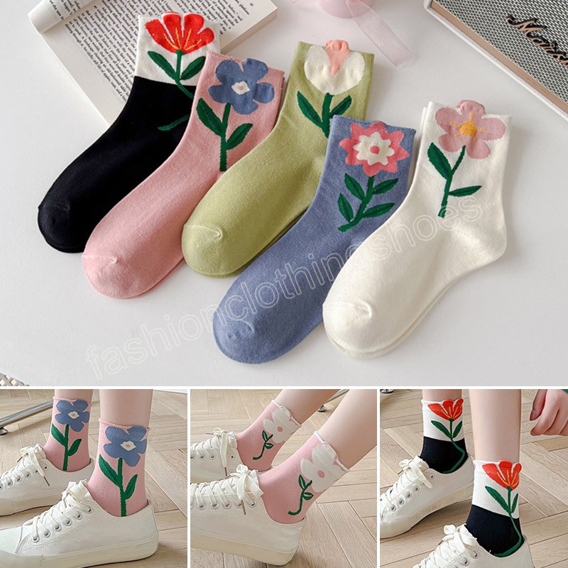 

Women's Cotton Middle Tube Tulip Flower Socks Breathable Casual Female Socks Summer Sport Long Sweatwear Sock