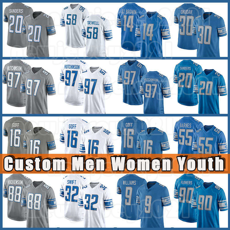 

97 Aidan Hutchinson 14 Amon-Ra St. Brown Football Jerseys Jameson Williams Barry Sanders Detroits Jared Goff T.J. Hockenson Lions D'Andre Swift Penei Sewell D.J. Chark Jr, Custom youth(x s)