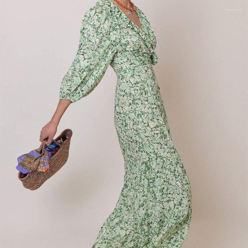 

Casual Dresses Early Autumn Women' High Waist Midi Dress V-Neck Floral Printed Ruffles Wrapped Simple 2022 Ladies RobeCasual