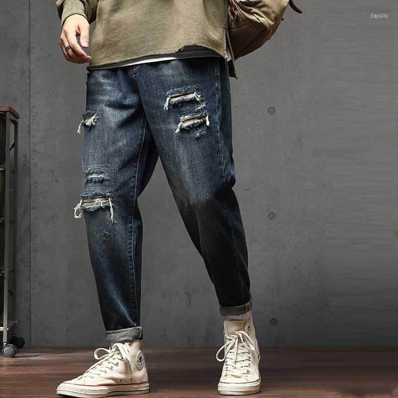 

Men's Jeans Retro Casual Men's Loose Ripped Hip Hop Blue Cool Stretch Slim Elastic Denim Pants Male High Quality