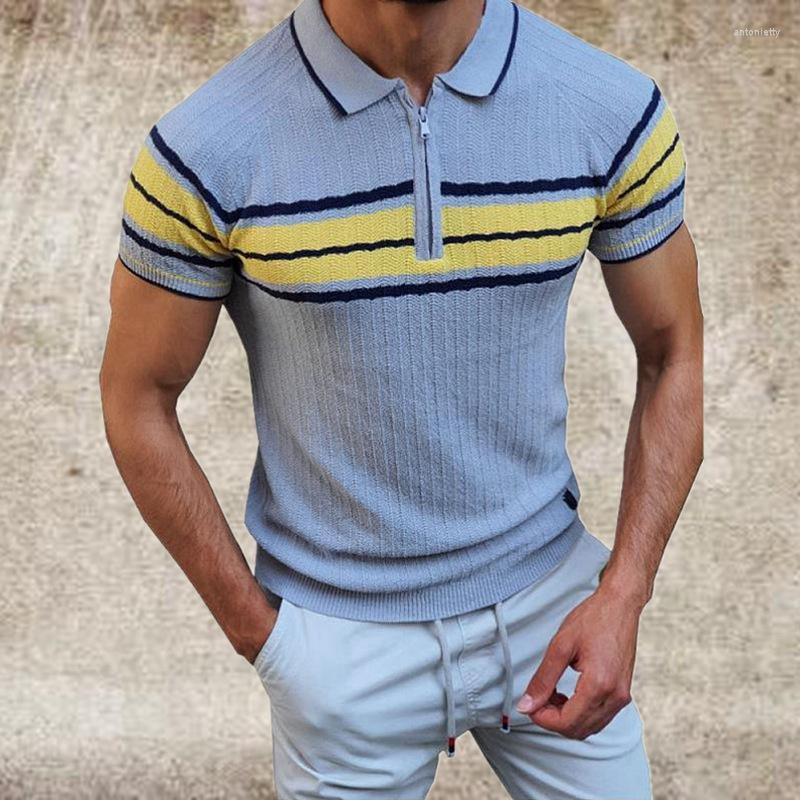 

Men' Polos Men' Spring And Summer Slim Fit Striped Shirt Casual Short Sleeve Chest Zipper Tops Laple Collar ShirtMen, Light blue