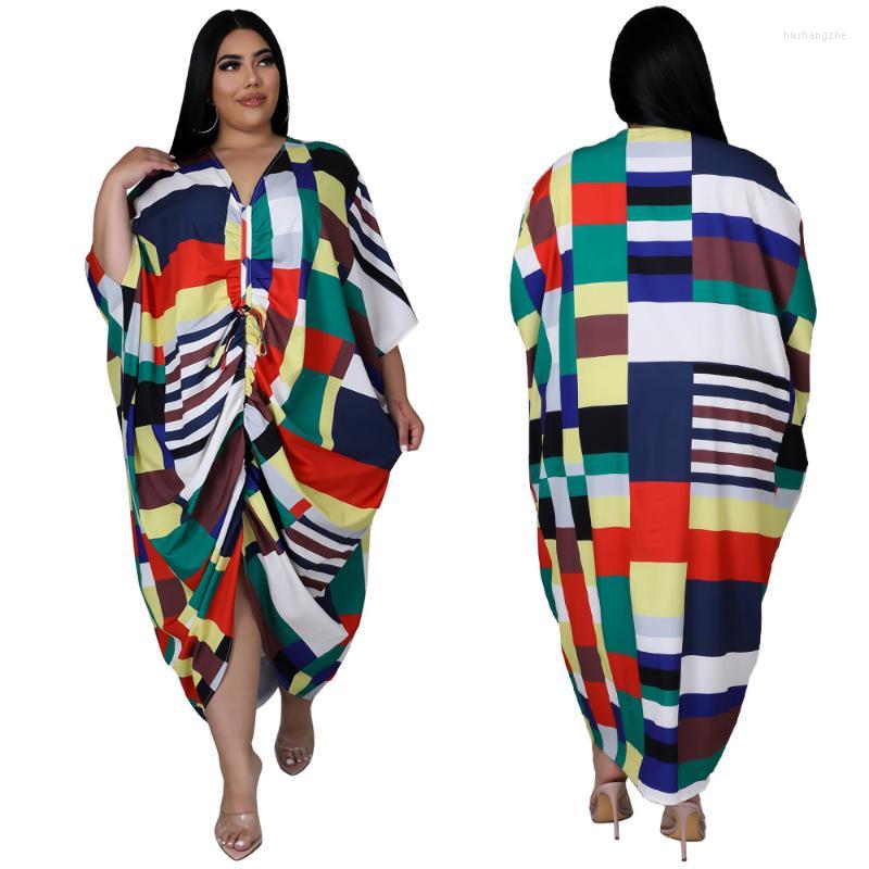 

Casual Dresses Multicolors Plaid Printing Women Dress Summer 2022 V Neck Half Sleeves Drawstring Loose Oversize Ladies, Multi