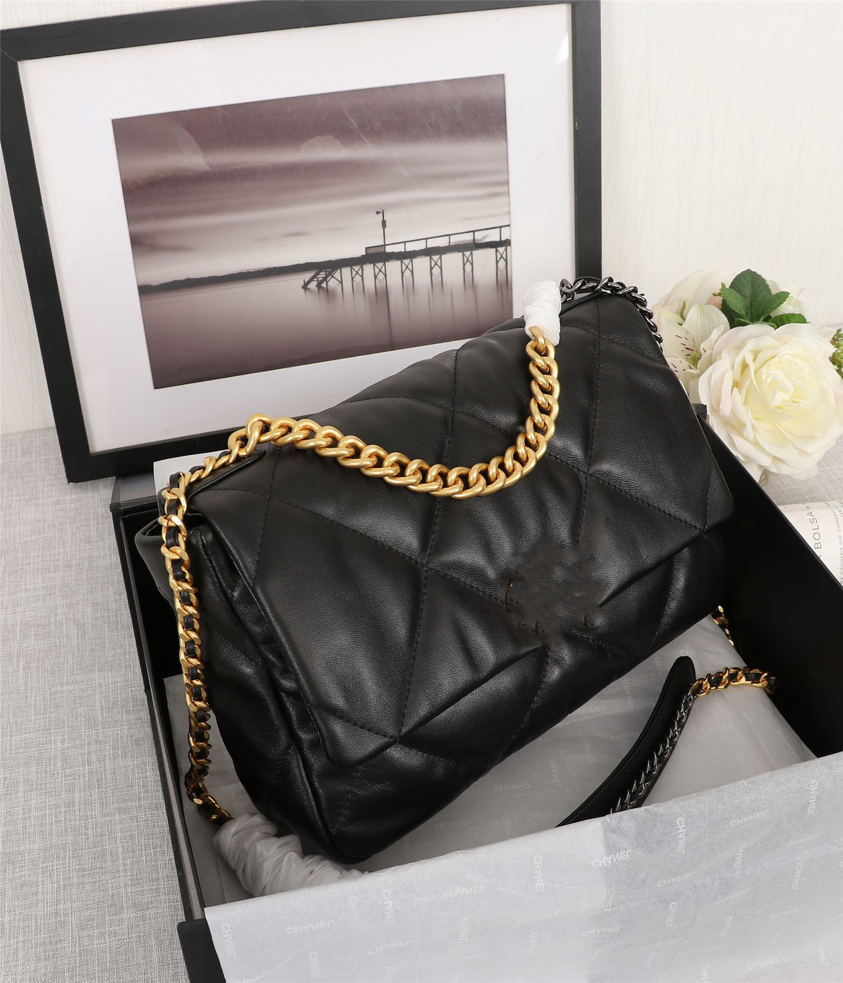 

Luxury handbags designer 19 bag women fashion cross body bagtop quality lambskin soft leather tote purse crossbody metal chain flap shoulder bags, Black