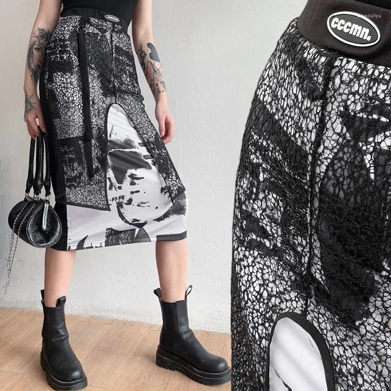 

Skirts High-Waisted Skirt Midi Straight Bodycon Elastics Gauze Lace Patchwork Print Streetwear Gothic Clothes Women' 2022 Summer, Picture shown