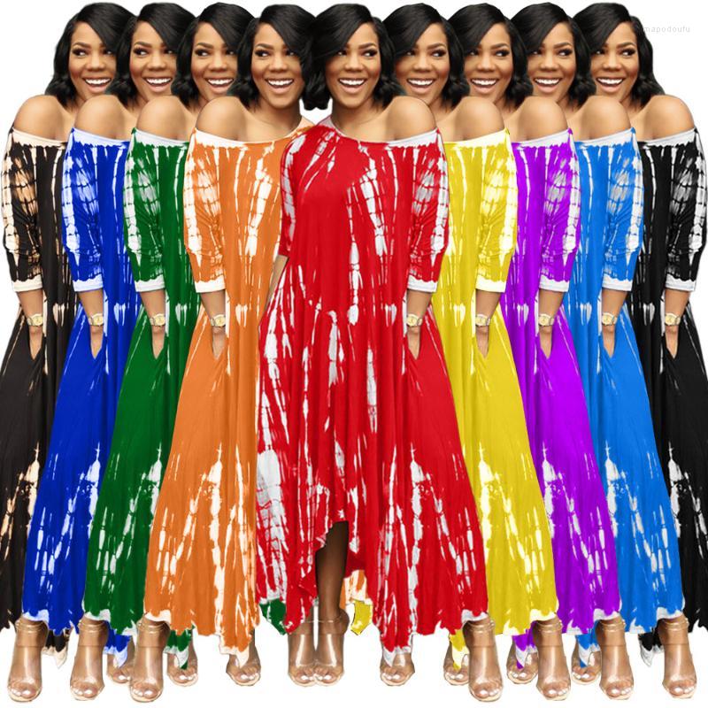 

Casual Dresses Women' Style Long Skirt Split Wide Neck Tie-Dye Dress With Pockets, Black