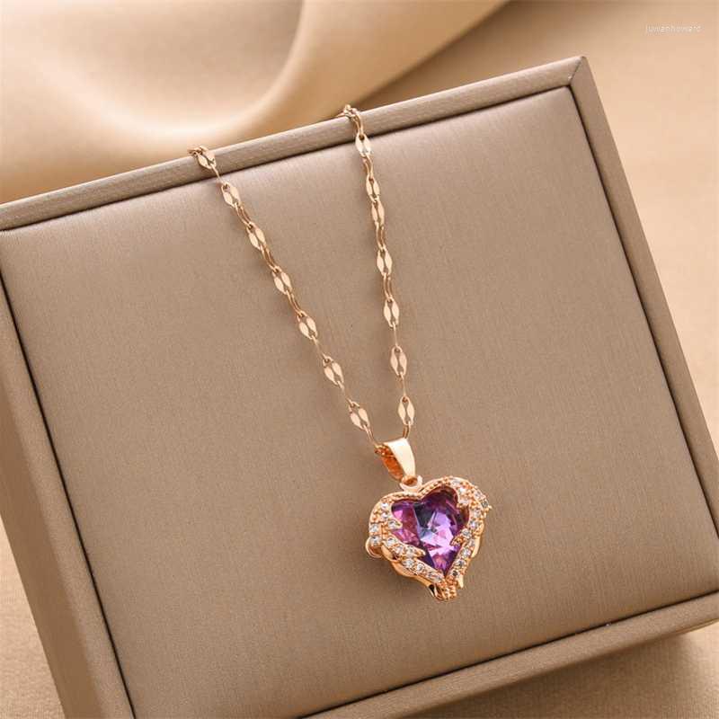 

Pendant Necklaces Luxury Zircon Crystal Ocean Heart Necklace For Women Korean Fashion Stainless Steel Jewelry Female Wedding Neck ChainPenda