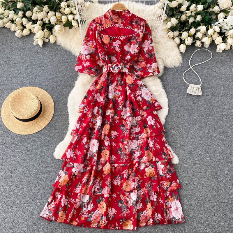 

Casual Dresses 2022 Summer Ethnic Style Retro Floral Long-sleeved Dress Women's Waist And Slim Mid-length Pleated, Black