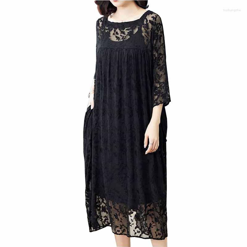 

Casual Dresses Middle-Aged Women's Clothing Summer Black Lace Dress Oversize Loose Double-Layer Long Female Vestidos Feminino JH174