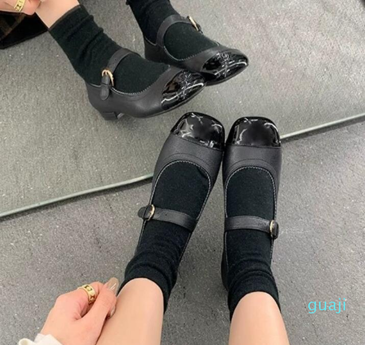 

Women Dress shoes classic fashion design lady business OL Thick heel villus Patent leather cute Mary Jane, Black leather