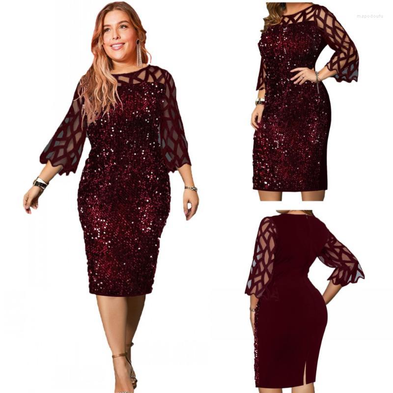 

Casual Dresses The European And American Fashion Big Size Round Collar Sequin Dress With Seven Minute Sleeves Hollow-Out Perspective, Burgundy