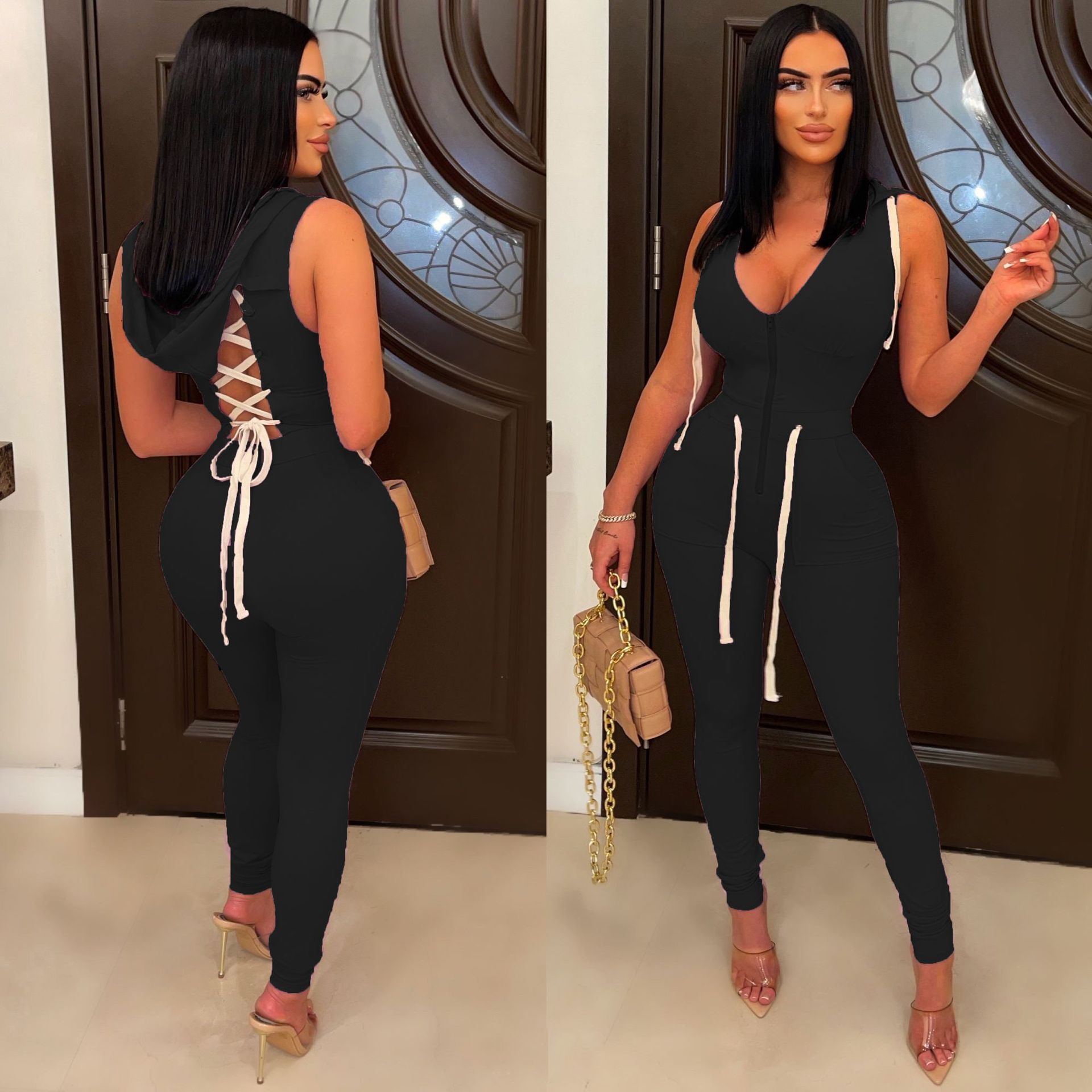 

Women' Sleeveless V Neck Jumpsuits Summer Zip Solid Hooded Pocket Slim Rompers, Purple