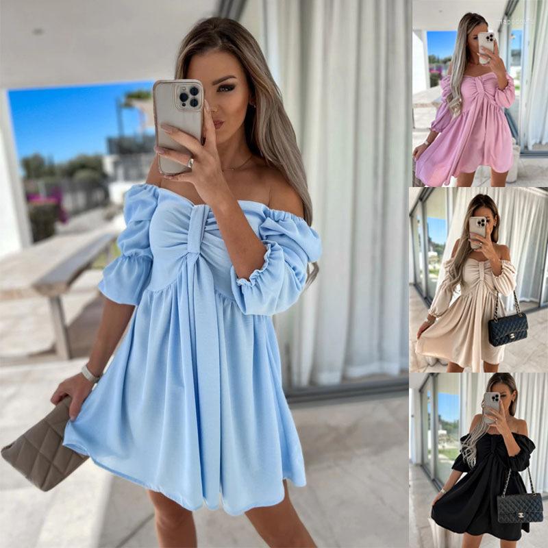 

Casual Dresses 2022 Summer Tube Top Solid Skirt European And American Fashion Women's One-Shoulder Dress Sexy High Waist, Beige