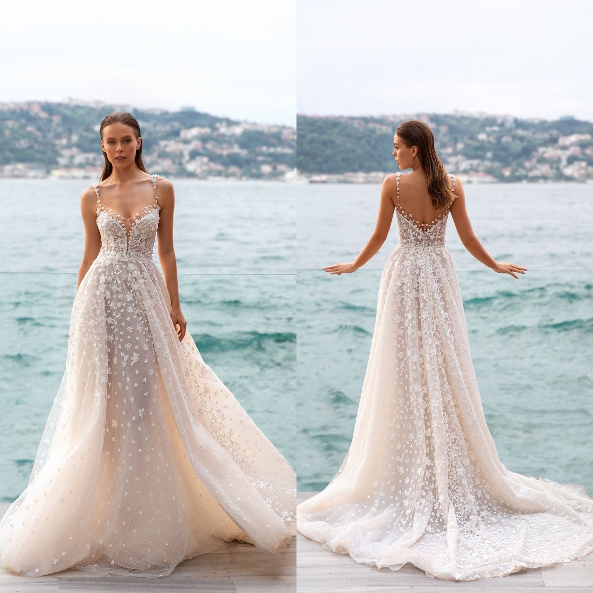 

Sexy Spaghetti Neck Beach Wedding Dress Lace Appliqued Garden Boho A Line Bridal Gown Sweep Train Robe de mariee, Pink