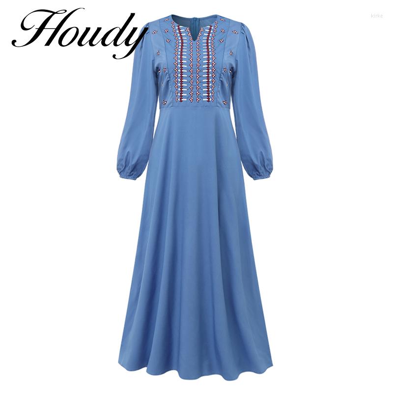

Casual Dresses Summer A-collar Embroidered Pattern Fashion Dress Loose Waist Long Sleeve Large Size Party Pleated -XLCasual, Blue