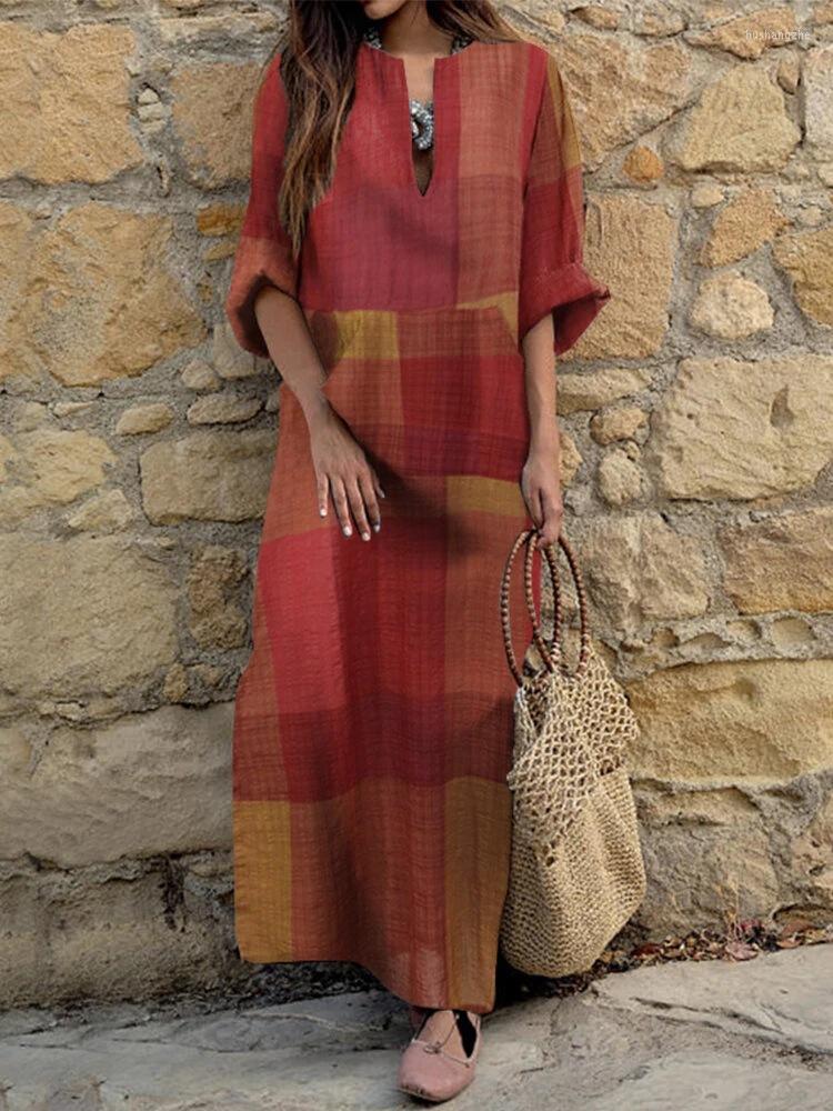

Casual Dresses Retro Plaid Print Ethnic Party Dress Women Spring V Neck Straight Long Office Sleeve Summer Beach, 03 orange