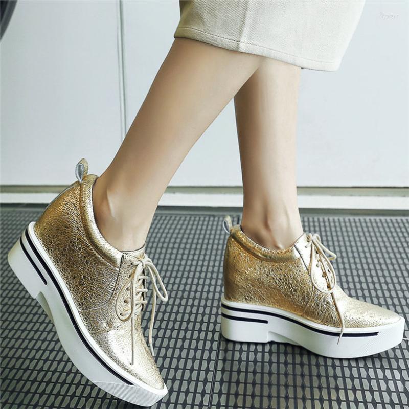 

Dress Shoes Oxfords Shoe Women Lace Up Genuine Leather Platform Wedges High Heel Pumps Female Pointed Toe Fashion Sneakers Casual ShoesDress, Gold