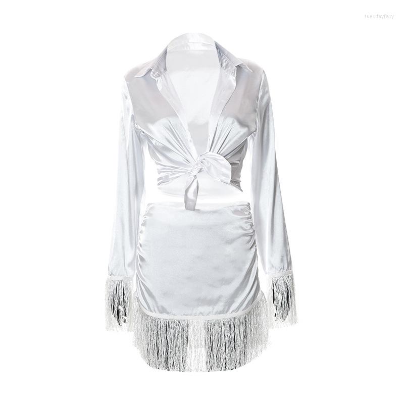 

Casual Dresses Early Autumn 2022 Satin Tassel Skirt Collar Shirt Suit Bodycon Elegant Sexy Women' Birthday Party Club DressCasual, As pic
