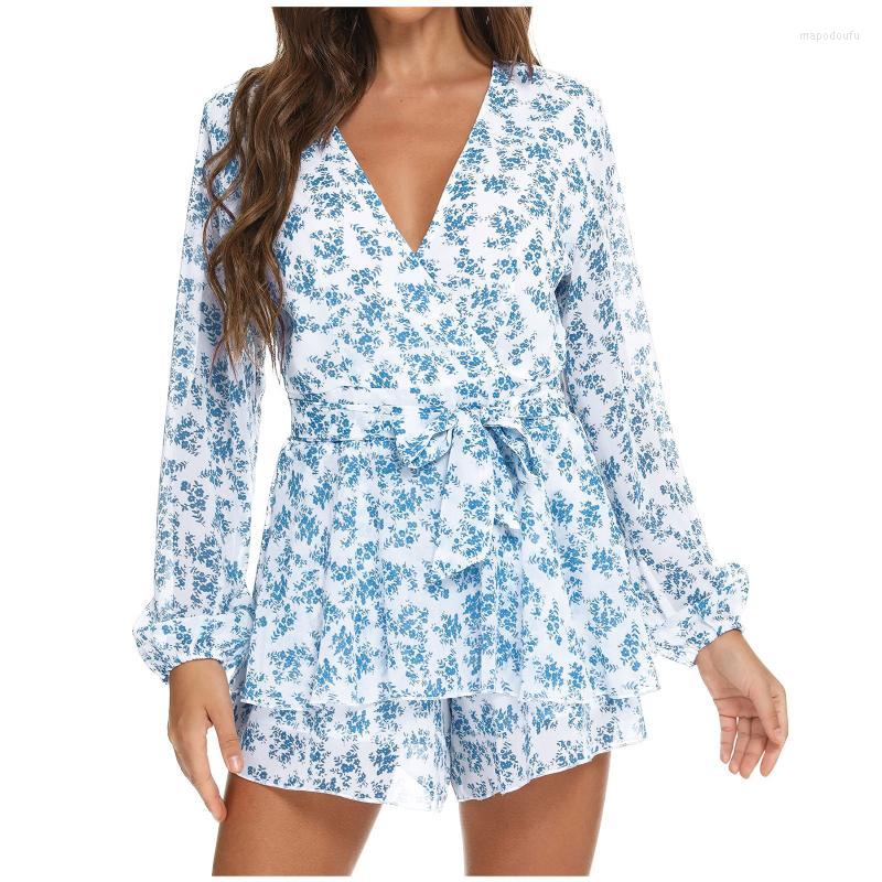 

Casual Dresses Floral Beach Sleeve V-Neck Hem Jumpsuits Printed Women Long Bandage Knot Deep Ruffle Rompers Women' Dress, Black