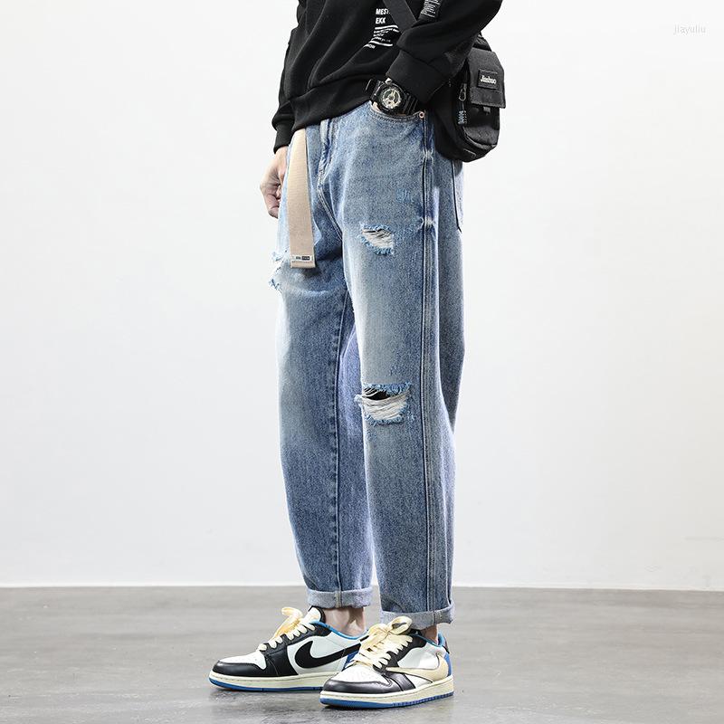 

Men's Jeans Ripped Men's Summer Wash Tide Brand Beggar Pants Loose Straight Long For Men, Blue