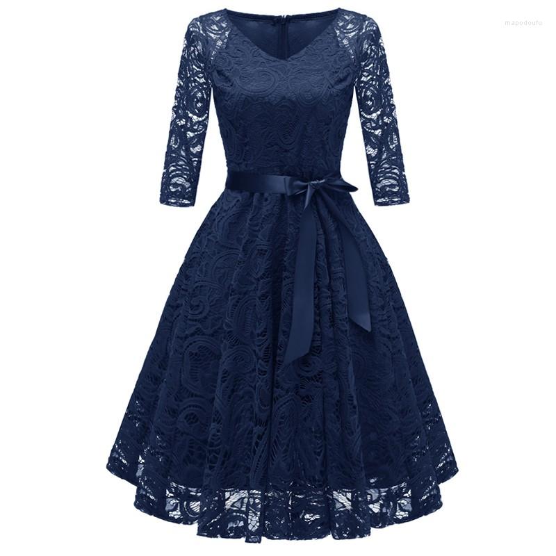 

Casual Dresses Elegant Lace Evening Party Dress Women V-neck 3/4 Sleeve Sashes Ladies Vintage Big Swing Midi Hollow Out Vestidos, Pink