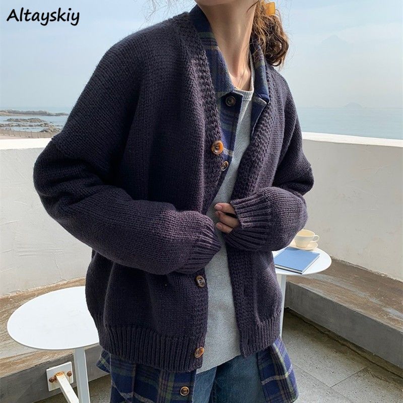 

Women' Fur Faux Fur Winter Korean Style Vneck Thicker Knitted Cardigan Loose Allmatch Solid Sweaters Women Buttons Single Breasted French Retro 220826, Navy blue