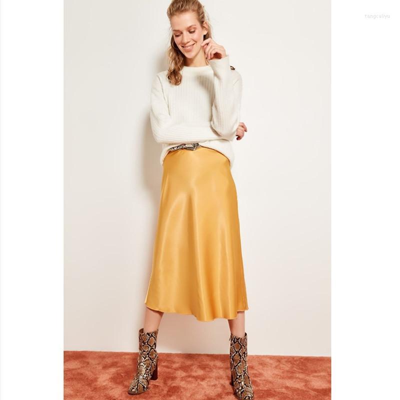 

Skirts Plus Size Elegant High Waist Satin Skirt Women Midi Casual Ladies A-Line Female Clothes Femme Jupes, Blue
