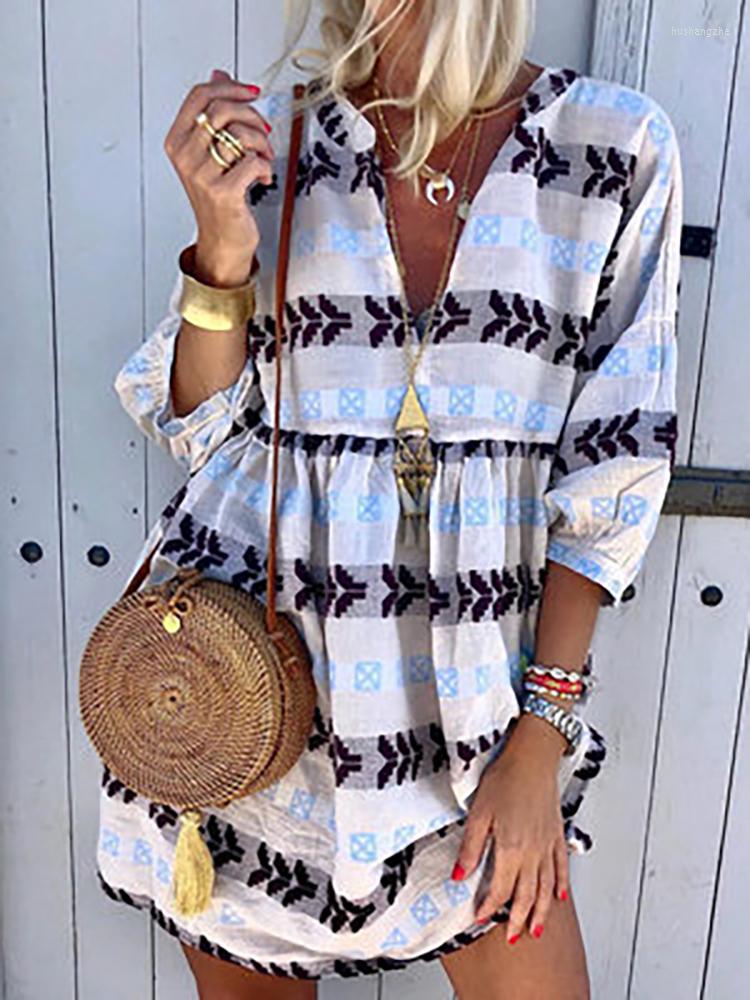 

Casual Dresses 2022 Retro Print For Women Summer Three Quarter Beach Style Dress Elegant Ladies Pleated Vestidos Mujer, 02 light blue