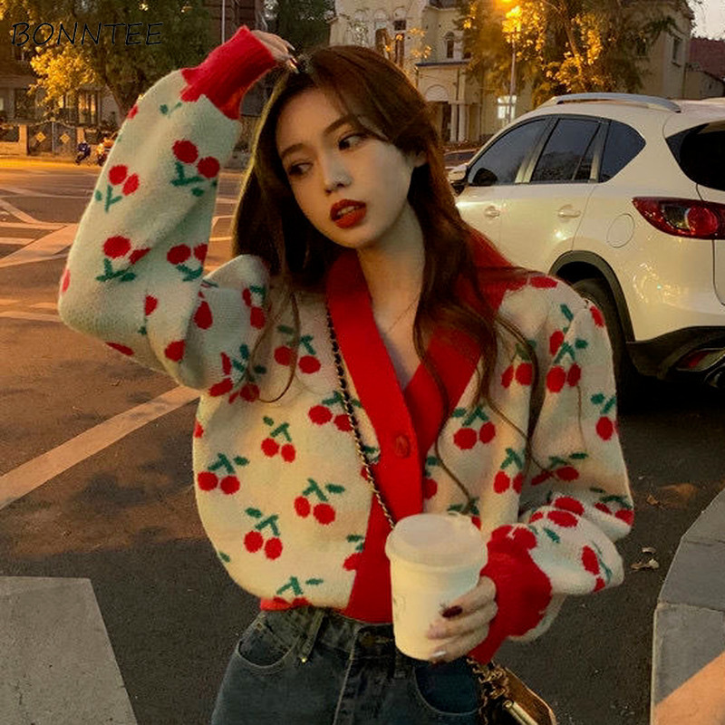 

Women' Fur Faux Fur Sweaters Women Long Sleeve VNeck Print Sweet Comfortable Femme Cardigan Knitted Wear Casual Allmatch Warm Student Autumn Chic 220826, Red