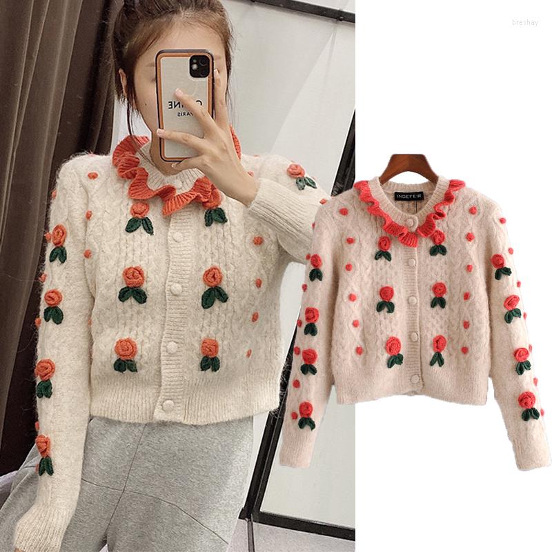 

Women' Knits & Tees Women 3D Flower Embroidery Knitted Sweater Single Breasted Decorative O-Neck Cardigan Casual SweaterWomen