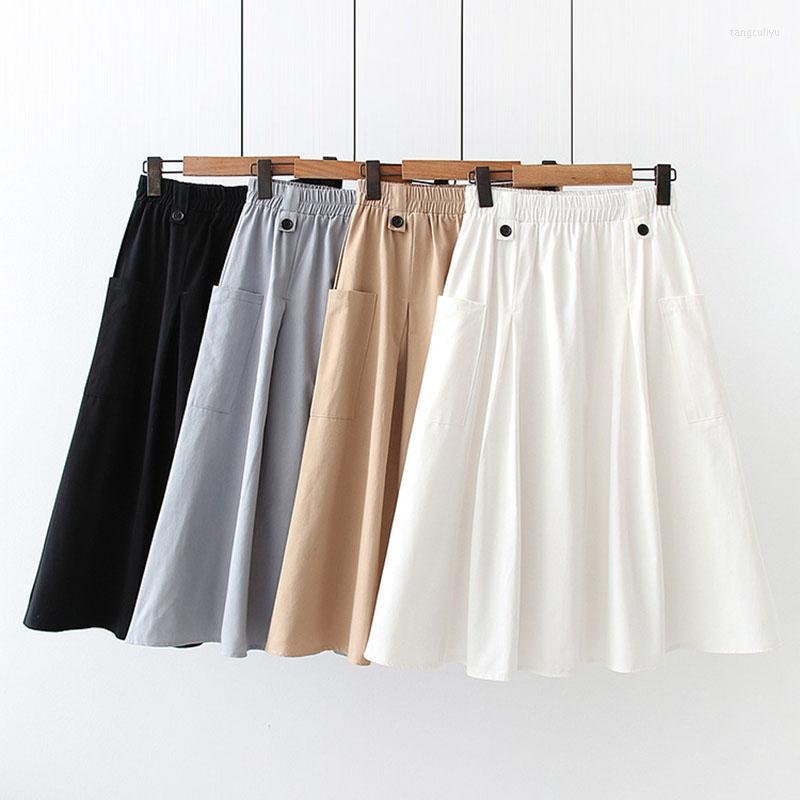 

Skirts Women A-Line Summer Cotton Skirt Elegant Solid Elastic Waist Girls Casual Pocket Office Ladies Midi Black White, Blue-skirt
