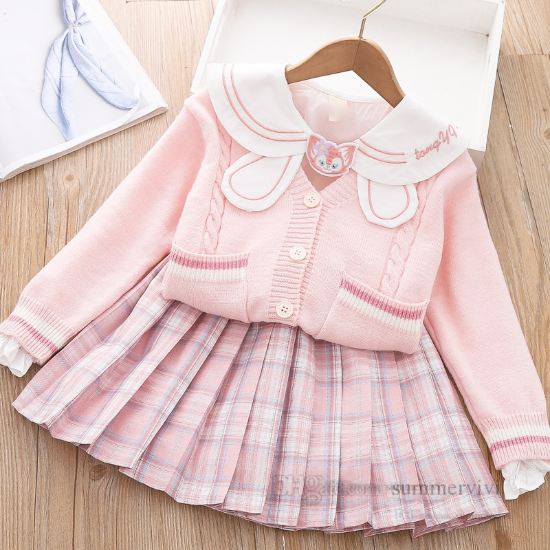 

Preppy style kids clothes sets kids cartoon letter embroidery shirt knitted sweater cardigan plaid pleated skirt 3pcs autumn chidren outfits Q8117, Purple