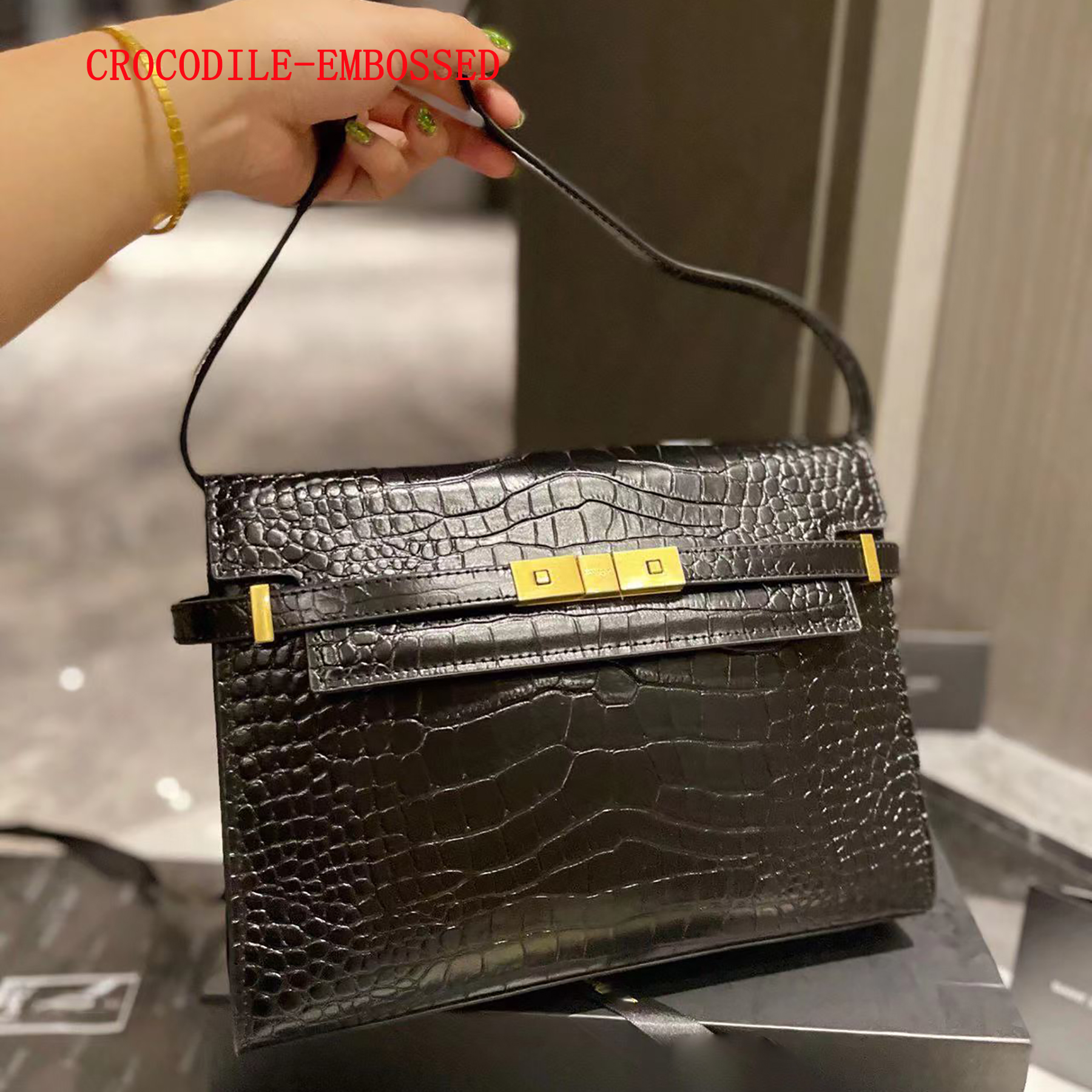 

manhattan shoulder bag crocodile-embossed shiny leather canvas ostrich smooth leather shopping Purse Ladies Luxurys Designers top quality small wallet, Dust bag