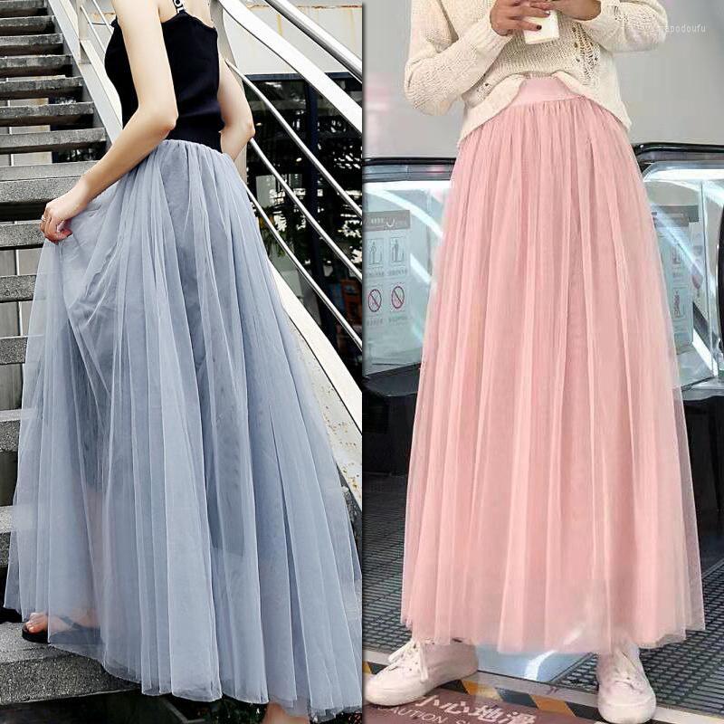 

Skirts Women Elastic Waist Striped Mesh Tutu Tulle Long Midi, White