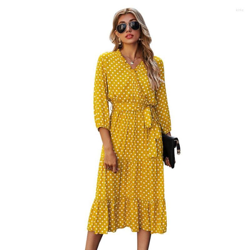 

Casual Dresses Ladies Vintage Spring Autumn Dot Print Bandage Dress Women Ruffles V Neck High Waist Slim Long Vestido FemaleCasual, Red