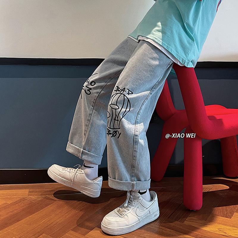 

Men' Jeans Cartoon Graffiti Pants Men' Summer Thin Style Ins Loose Straight Korean Fashion Ruffian Handsome Hip Hop MasculinaMen, As pic