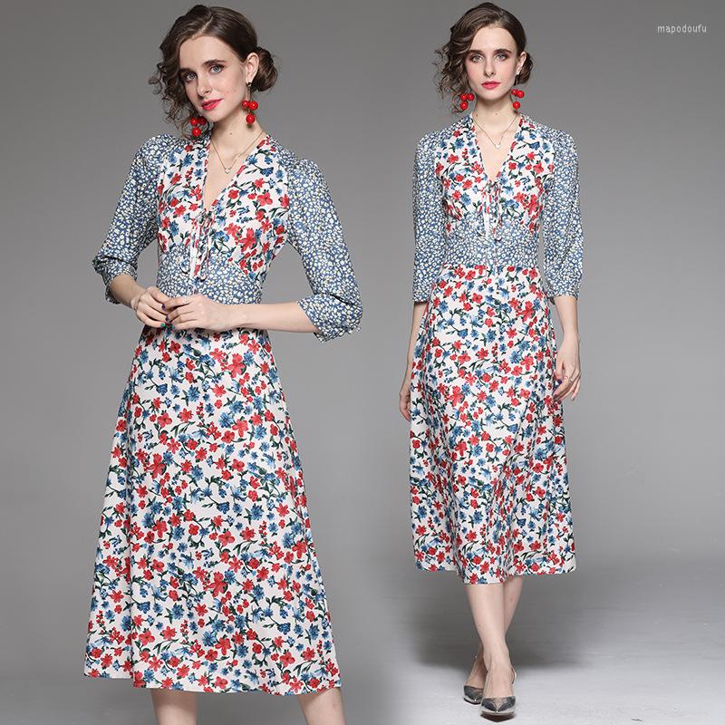 

Casual Dresses 2022 Spring Vacation Flower Dress Women's Long Sleeve V-neck Bowknot Hepburn Style French Floral Print Elegant Midi, Pink