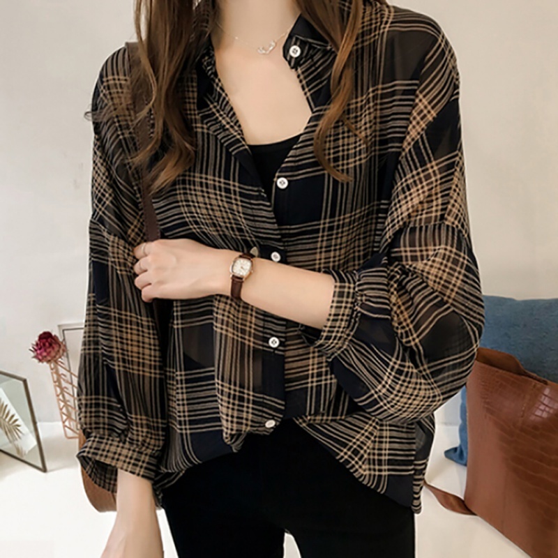 

Women's Blouses Shirts Batwing Sleeve Chiffon Blouses Chic Plaid Shirts Women Autumn Casual Chemise Femme Tops Tartan Blusas Mujer Plus Size 220826, Beige