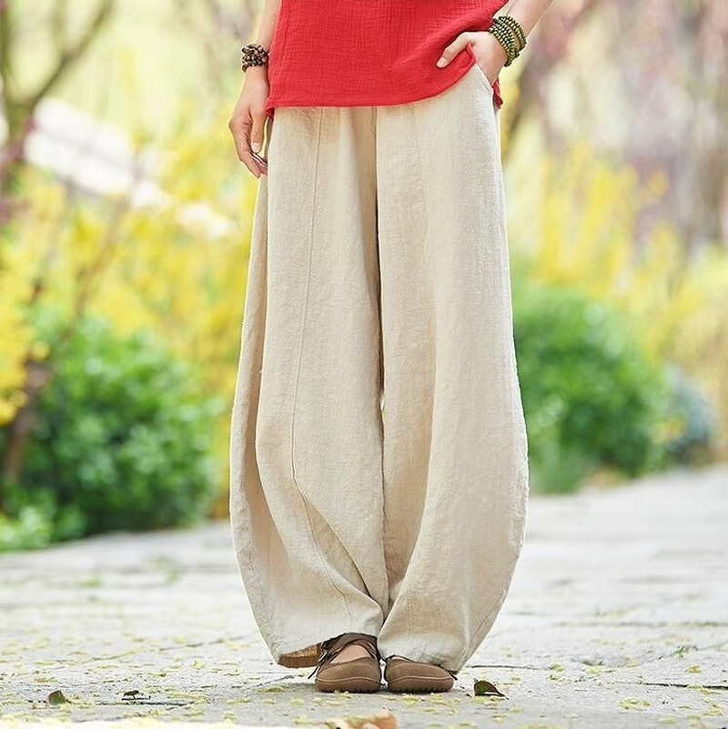 

Cotton Linen Style Bloomers Wide Leg Pants Women Vintage Full Length Elegent Pants Solid Elasitic Waist Spring Autumn 5XL L220826, Style2 khaki