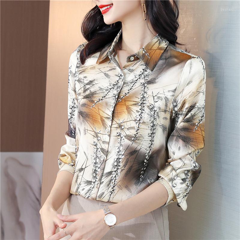 

Women' Blouses Silk Satin Loose Women' Shirts Fashion Flower Print Collar Autumn Casual Long Sleeve Blusas Female ClothingWomen, Blue