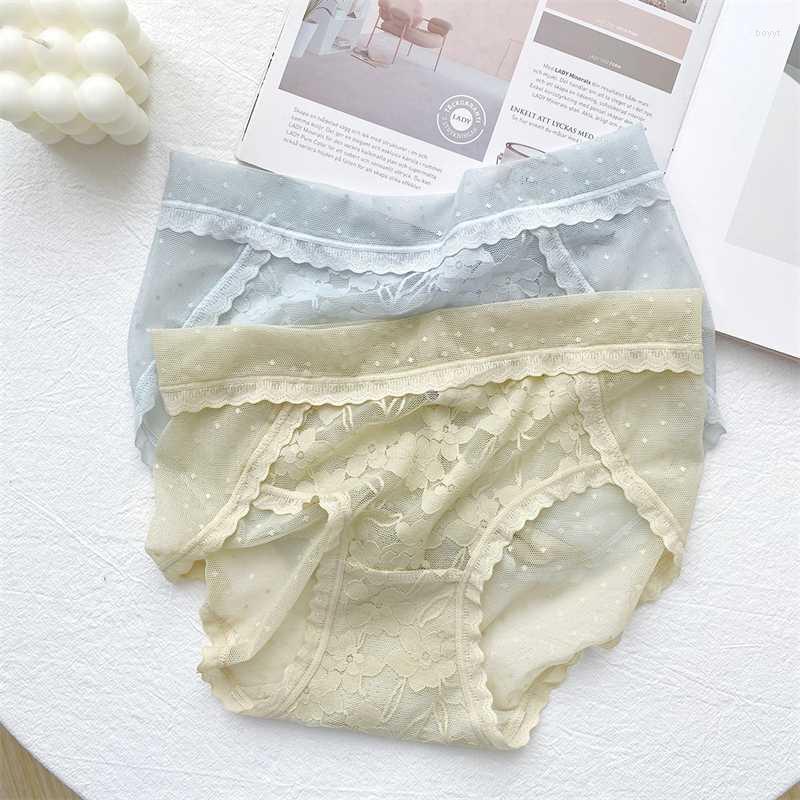 

Women's Panties Japanese System Sexy Mesh Yarn Lace Trim Underpants Solid Color Thin Breathable Girl Panty Mid Waist BriefsWomen's, White