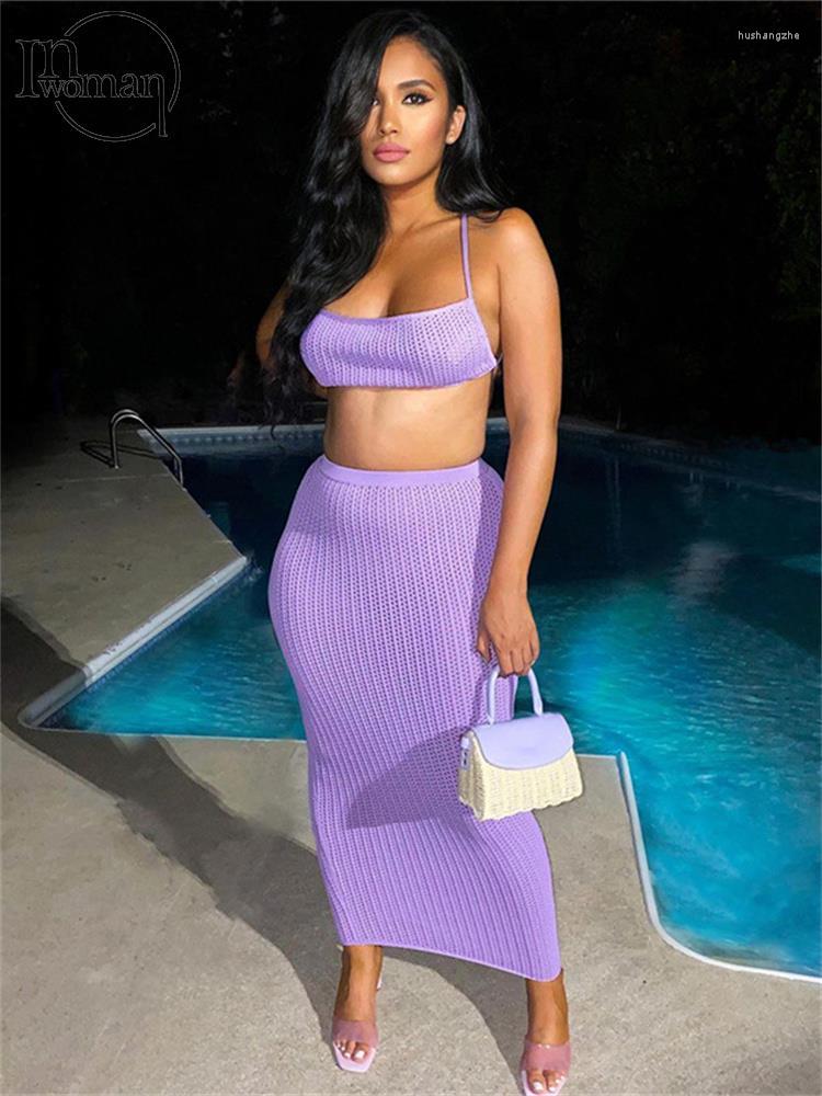 

Work Dresses Inwoman Summer Sexy Knit Hollow Out 2 Two Piece Sets For Women 2022 Crop Top And Skirt Female See Through Matching SetsWork, Black