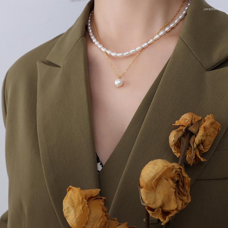 

Chokers Necklaces Minar Sweet Genuine Freshwater Pearl Choker For Women Double-Layers Gold Chain Pendant Necklace Casual AccessoriesChokers
