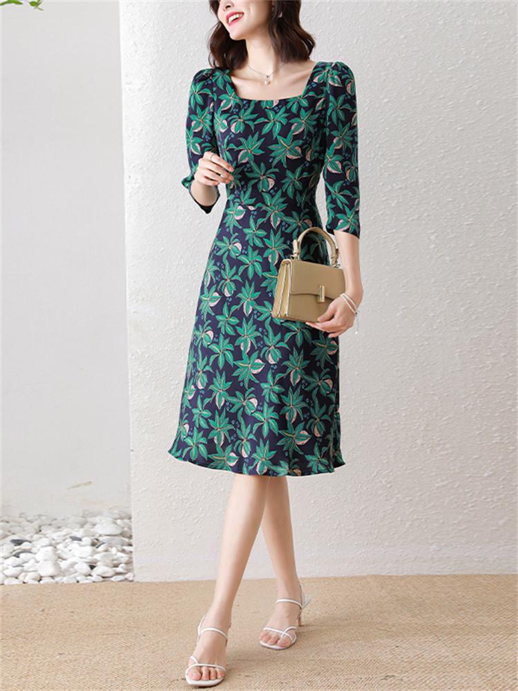 

Casual Dresses Spring Summer 2022 Elegant Green Floral Print Vintage Square-Collar A-Line Slim Long Midi Dress Formal Office Lady Work, Turquoise
