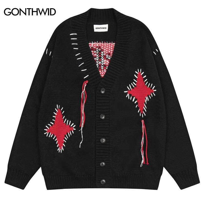 

Men's Jackets Hip Hop Cardigan Sweater Streetwear Vintage Knitted Letter VNeck Button Jacket Men Women Harajuku Fashion Gothic Sweater 220826, Black