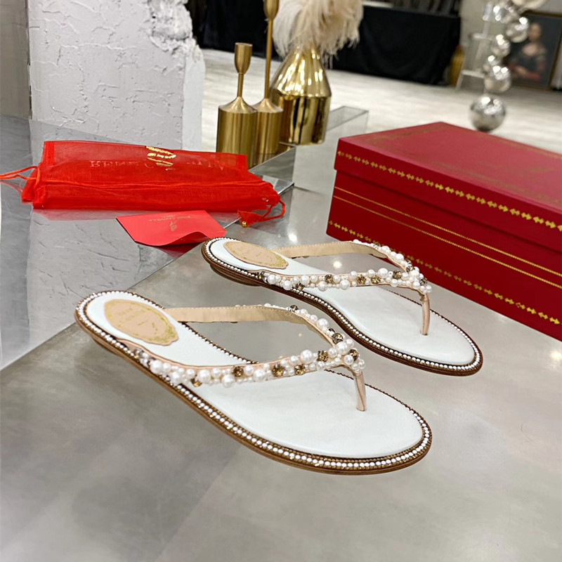 

caovilla Thong Slippers Rene Luxury Designer High Quality Slides Summer Beach Shoes Crystal Rhinestones Flats Ladies Runway Flip Flops, As picture