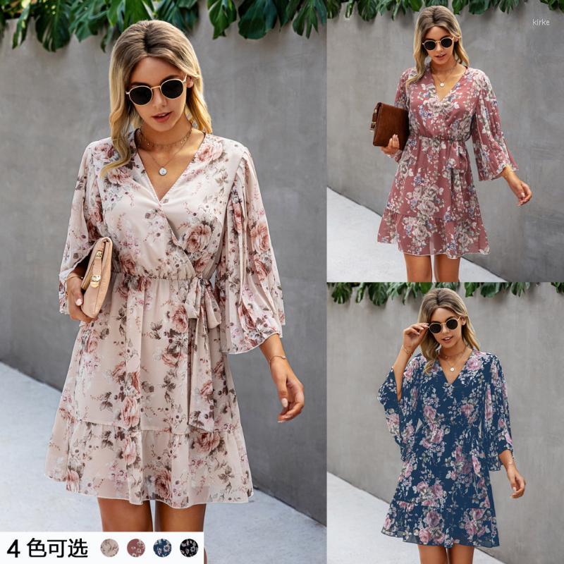 

Casual Dresses Chiffon Dress Female V Neck Floral Print Women Bohemian Min Summer Loose Ladies Vestidos MujerCasual, Black