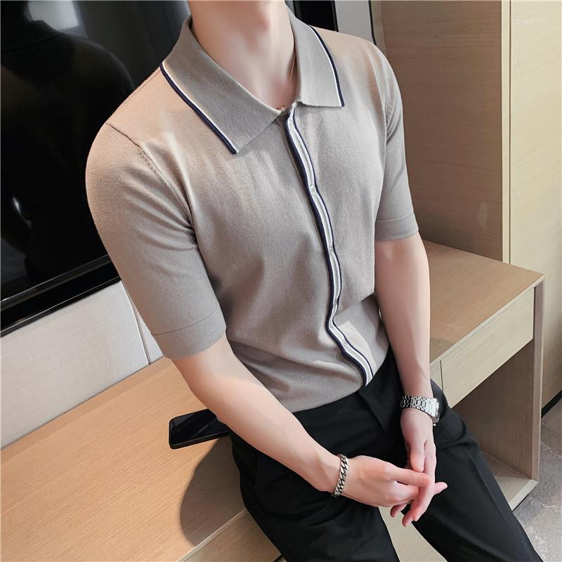 

Men's Polos British Style Brand Clothing Men High Quality Striped Patchwork Knit Shirts/Male Slim Fit Fashion Shirt 3XLMen's, Gray