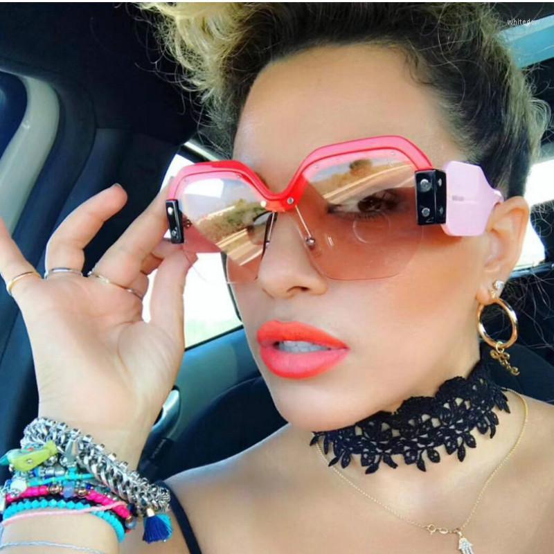 

Sunglasses Sexy Rimless Oversized Women Vintage 2022 Red Pink Sun Glasses For Female Rivet Big Frame Male ShadesSunglassesSunglasses